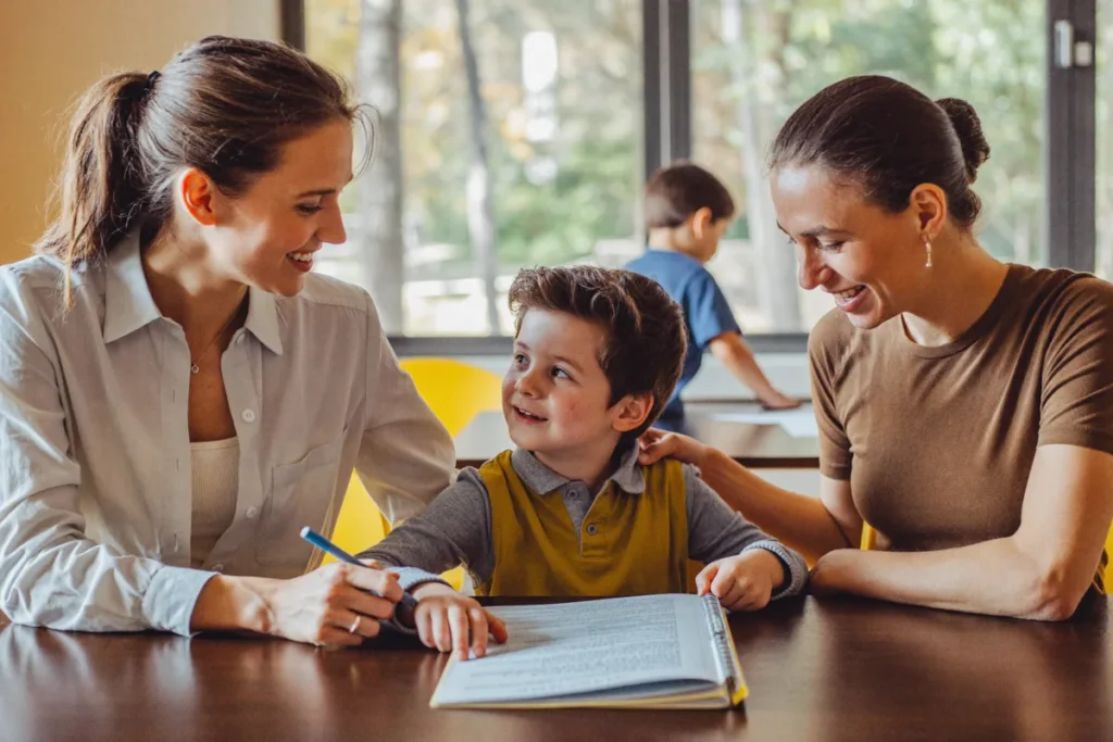 Curs de engleză potrivit — profesoară dând feedback unui părinte despre progres