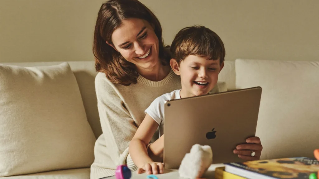 Echilibru între ecrane și învățare — părinte și copil folosind împreună o tabletă educativă