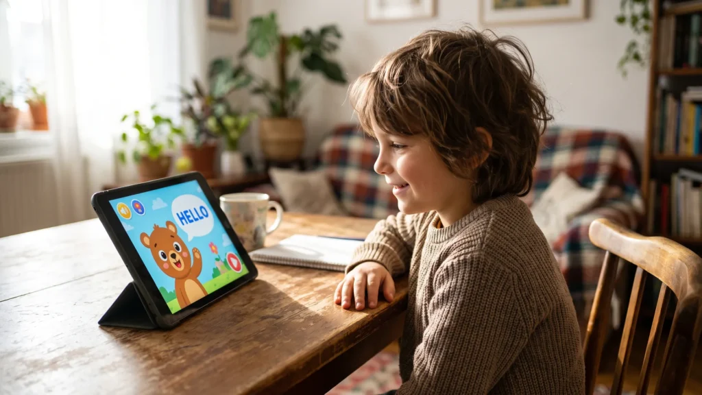 Platforme educaționale pentru engleză — copil învățând engleza pe tabletă acasă